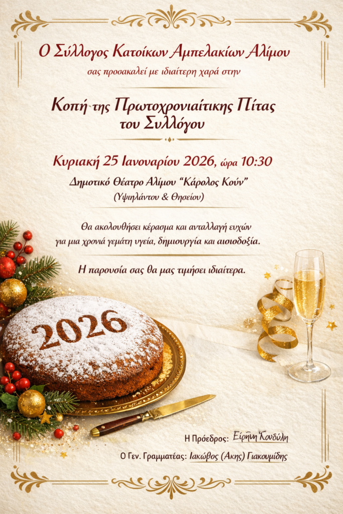 Πρόσκληση στην Κοπή της Πρωτοχρονιάτικης Πίτας 2026